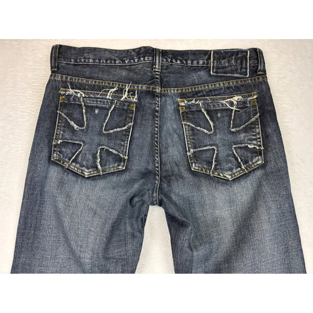 Helix Slim Mens 34x30 Bootcut Jeans Dark Wash Distress Embroidered  Cross Pocket